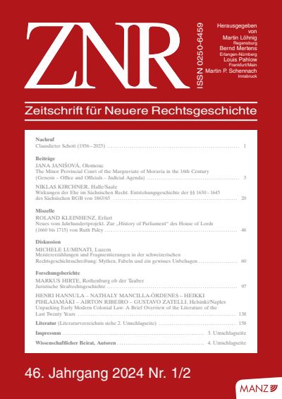 Cover of Volume: ZNR Zeitschrift für Neuere Rechtsgeschichte Volume 46 (2024), Edition 1