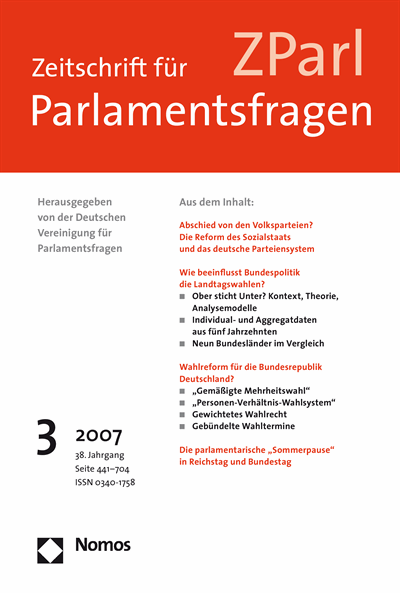 Cover der Ausgabe: ZParl Zeitschrift für Parlamentsfragen Jahrgang 38 (2007), Heft 3