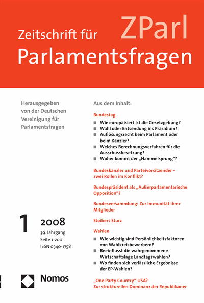 Cover der Ausgabe: ZParl Zeitschrift für Parlamentsfragen Jahrgang 39 (2008), Heft 1