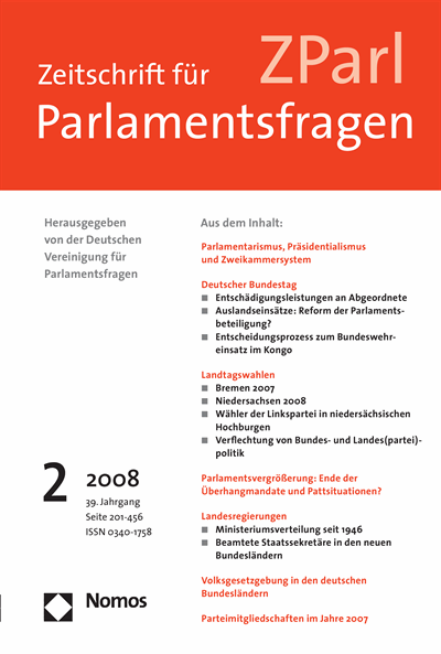 Cover der Ausgabe: ZParl Zeitschrift für Parlamentsfragen Jahrgang 39 (2008), Heft 2