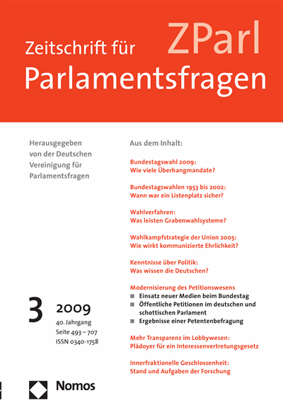 Cover der Ausgabe: ZParl Zeitschrift für Parlamentsfragen Jahrgang 40 (2009), Heft 3