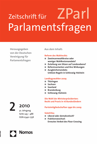 Cover der Ausgabe: ZParl Zeitschrift für Parlamentsfragen Jahrgang 41 (2010), Heft 2