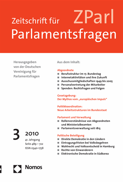 Cover der Ausgabe: ZParl Zeitschrift für Parlamentsfragen Jahrgang 41 (2010), Heft 3