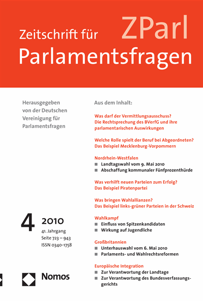Cover der Ausgabe: ZParl Zeitschrift für Parlamentsfragen Jahrgang 41 (2010), Heft 4