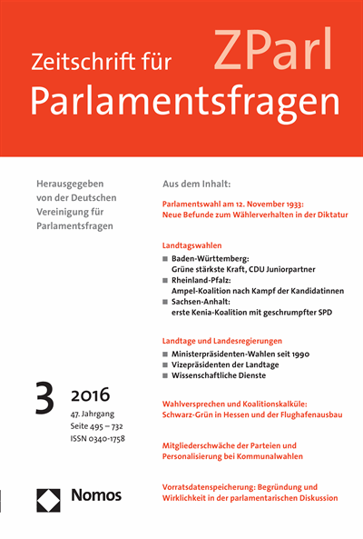 Cover der Ausgabe: ZParl Zeitschrift für Parlamentsfragen Jahrgang 47 (2016), Heft 3