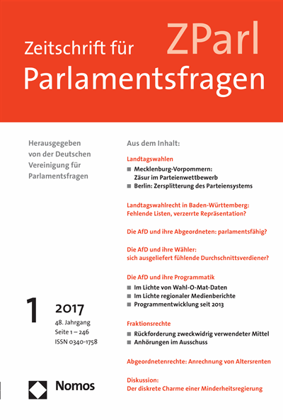 Cover der Ausgabe: ZParl Zeitschrift für Parlamentsfragen Jahrgang 48 (2017), Heft 1