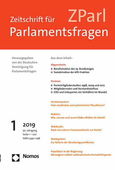Cover der Ausgabe: ZParl Zeitschrift für Parlamentsfragen Jahrgang 50 (2019), Heft 1