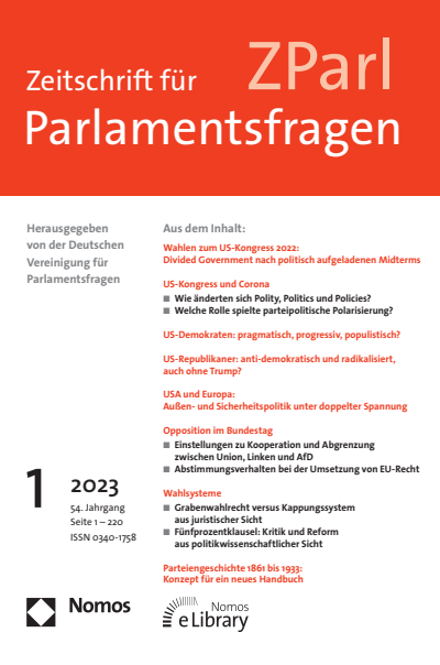 Cover der Ausgabe: ZParl Zeitschrift für Parlamentsfragen Jahrgang 54 (2023), Heft 1