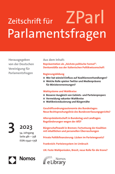 Cover der Ausgabe: ZParl Zeitschrift für Parlamentsfragen Jahrgang 54 (2023), Heft 3