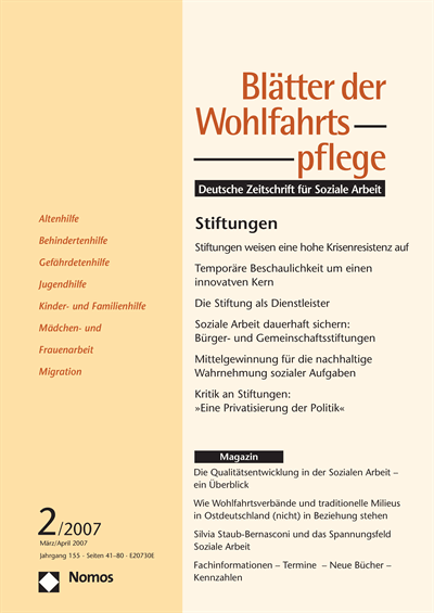 Cover of Volume: Blätter der Wohlfahrtspflege (BdW) Volume 154 (2007), Edition 2