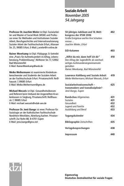Cover der Ausgabe: Soziale Arbeit Jahrgang 54 (2005), Heft 11