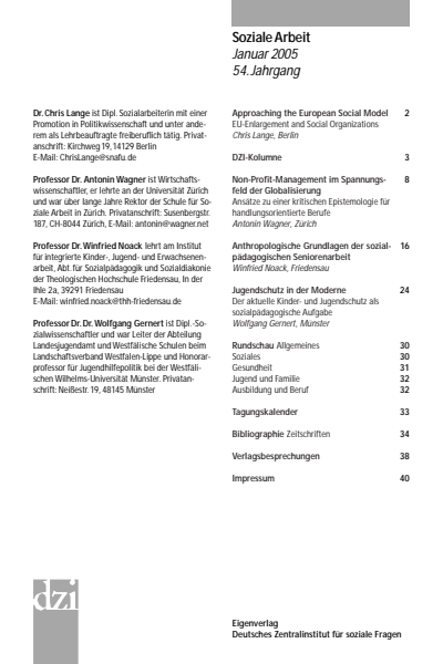 Cover der Ausgabe: Soziale Arbeit Jahrgang 54 (2005), Heft 1