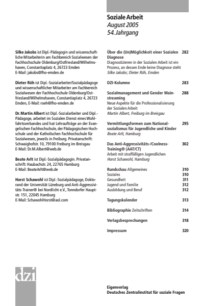 Cover der Ausgabe: Soziale Arbeit Jahrgang 54 (2005), Heft 8
