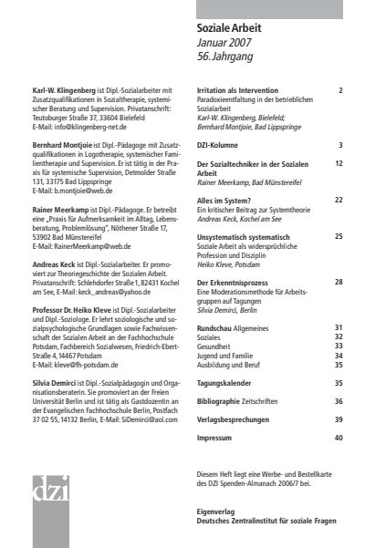 Cover der Ausgabe: Soziale Arbeit Jahrgang 56 (2007), Heft 1