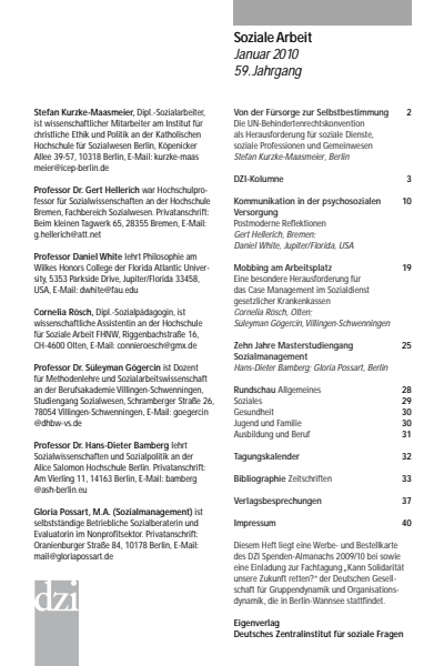 Cover der Ausgabe: Soziale Arbeit Jahrgang 59 (2010), Heft 1