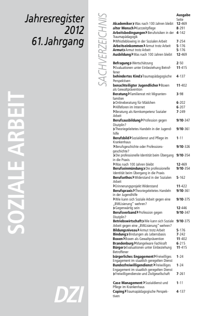 Cover der Ausgabe: Soziale Arbeit Jahrgang 61 (2012), Heft Jahresregister
