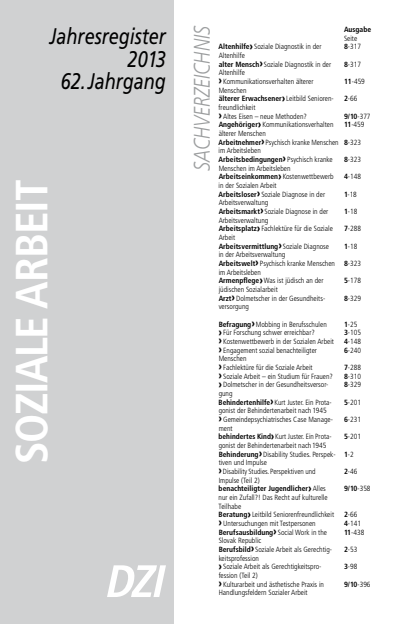 Cover der Ausgabe: Soziale Arbeit Jahrgang 62 (2013), Heft Jahresregister
