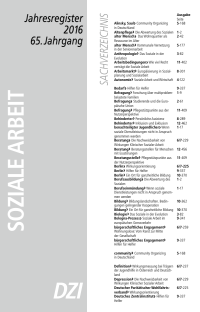 Cover der Ausgabe: Soziale Arbeit Jahrgang 65 (2016), Heft Jahresregister