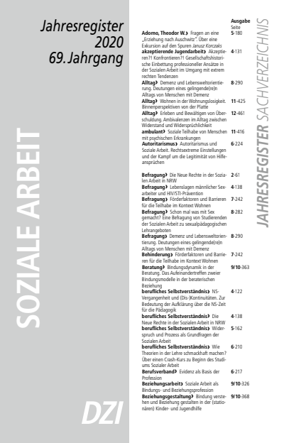 Cover der Ausgabe: Soziale Arbeit Jahrgang 69 (2020), Heft Jahresregister