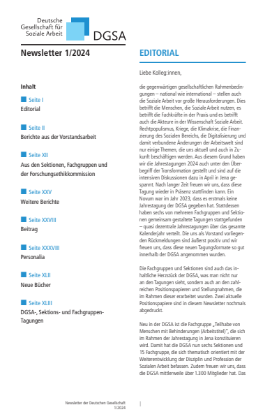Cover der Ausgabe: Soziale Arbeit Jahrgang 73 (2024), Heft 1 DGSA Newsletter