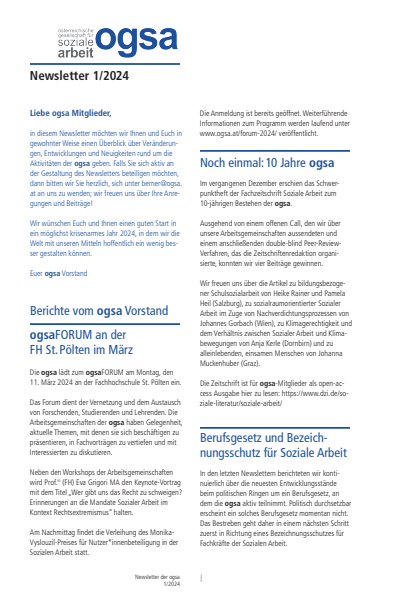 Cover der Ausgabe: Soziale Arbeit Jahrgang 73 (2024), Heft 1 ogsa Newsletter