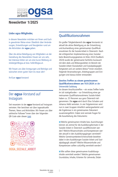 Cover der Ausgabe: Soziale Arbeit Jahrgang 74 (2025), Heft 1 ogsa Newsletter