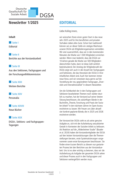 Cover der Ausgabe: Soziale Arbeit Jahrgang 74 (2025), Heft 1 DGSA Newsletter