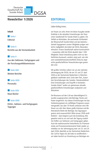 Cover der Ausgabe: Soziale Arbeit Jahrgang 75 (2026), Heft 1 DGSA Newsletter