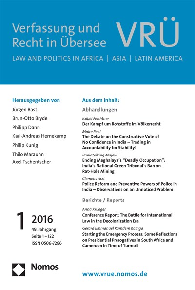 Cover der Ausgabe: VRÜ Verfassung und Recht in Übersee Jahrgang 49 (2016), Heft 1
