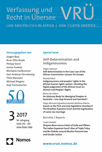 Cover der Ausgabe: VRÜ Verfassung und Recht in Übersee Jahrgang 50 (2017), Heft 3