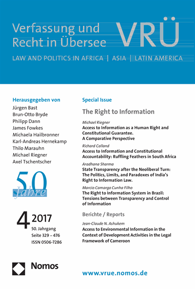 Cover der Ausgabe: VRÜ Verfassung und Recht in Übersee Jahrgang 50 (2017), Heft 4