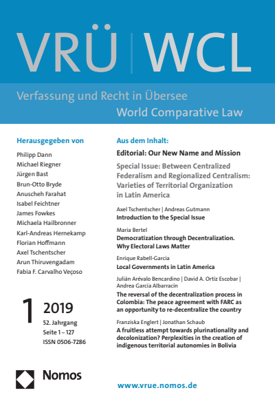 Cover der Ausgabe: VRÜ Verfassung und Recht in Übersee Jahrgang 52 (2019), Heft 1