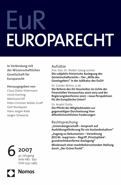 Cover der Ausgabe: Europarecht (EuR) Jahrgang 42 (2007), Heft 6