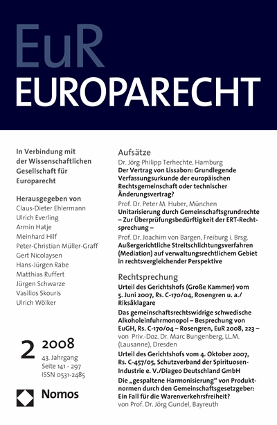 Cover der Ausgabe: Europarecht (EuR) Jahrgang 43 (2008), Heft 2