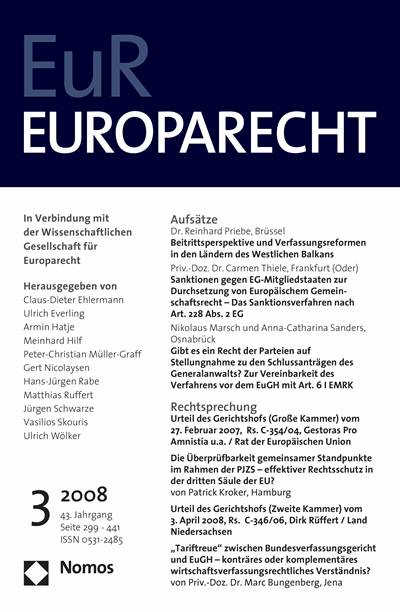 Cover der Ausgabe: Europarecht (EuR) Jahrgang 43 (2008), Heft 3
