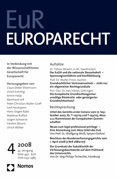 Cover der Ausgabe: Europarecht (EuR) Jahrgang 43 (2008), Heft 4