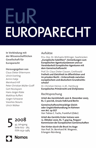 Cover der Ausgabe: Europarecht (EuR) Jahrgang 43 (2008), Heft 5