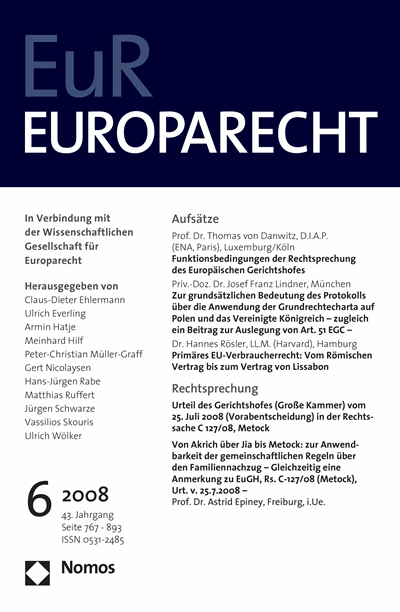 Cover der Ausgabe: Europarecht (EuR) Jahrgang 43 (2008), Heft 6