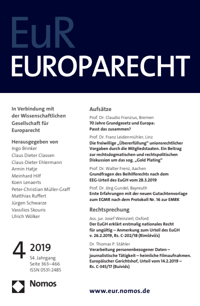 Cover der Ausgabe: Europarecht (EuR) Jahrgang 54 (2019), Heft 4
