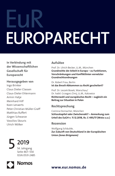 Cover der Ausgabe: Europarecht (EuR) Jahrgang 54 (2019), Heft 5