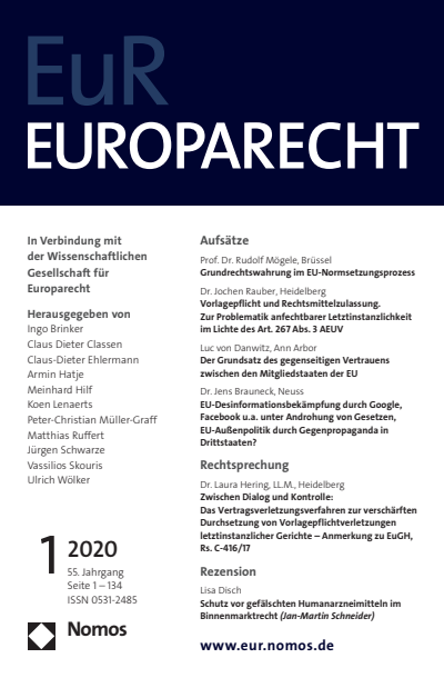 Cover der Ausgabe: Europarecht (EuR) Jahrgang 55 (2020), Heft 1