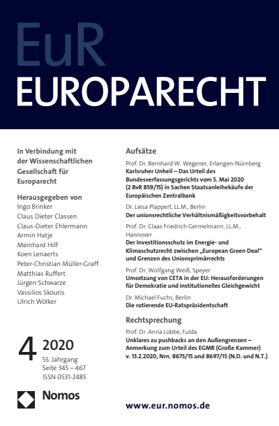 Cover der Ausgabe: Europarecht (EuR) Jahrgang 55 (2020), Heft 4