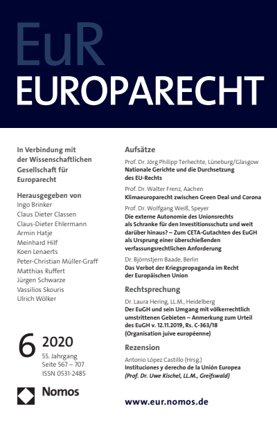 Cover der Ausgabe: Europarecht (EuR) Jahrgang 55 (2020), Heft 6