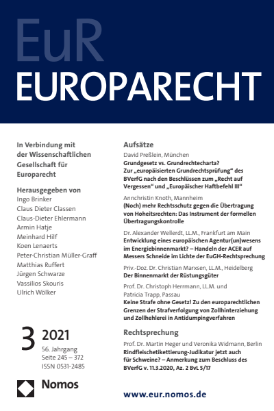 Cover der Ausgabe: Europarecht (EuR) Jahrgang 56 (2021), Heft 3