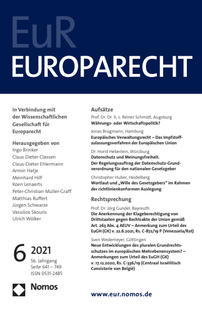 Cover der Ausgabe: Europarecht (EuR) Jahrgang 56 (2021), Heft 6