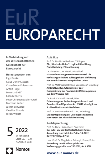 Cover der Ausgabe: Europarecht (EuR) Jahrgang 57 (2022), Heft 5