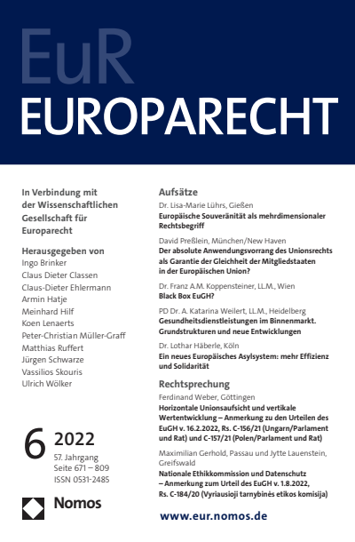 Cover der Ausgabe: Europarecht (EuR) Jahrgang 57 (2022), Heft 6