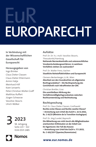 Cover der Ausgabe: Europarecht (EuR) Jahrgang 58 (2023), Heft 3