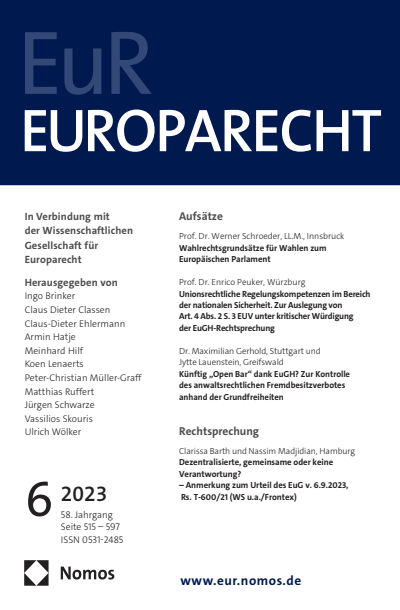 Cover der Ausgabe: Europarecht (EuR) Jahrgang 58 (2023), Heft 6