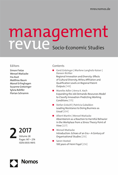 Cover of Volume: mrev management revue Volume 28 (2017), Edition 2